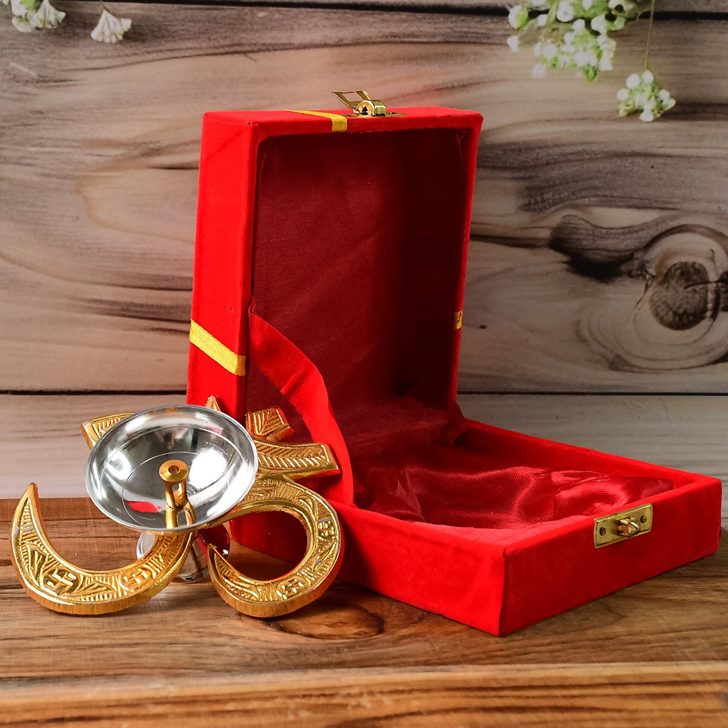 Decorative Om Symbol Brass Oil Diya with intricate carvings and swastik motifs