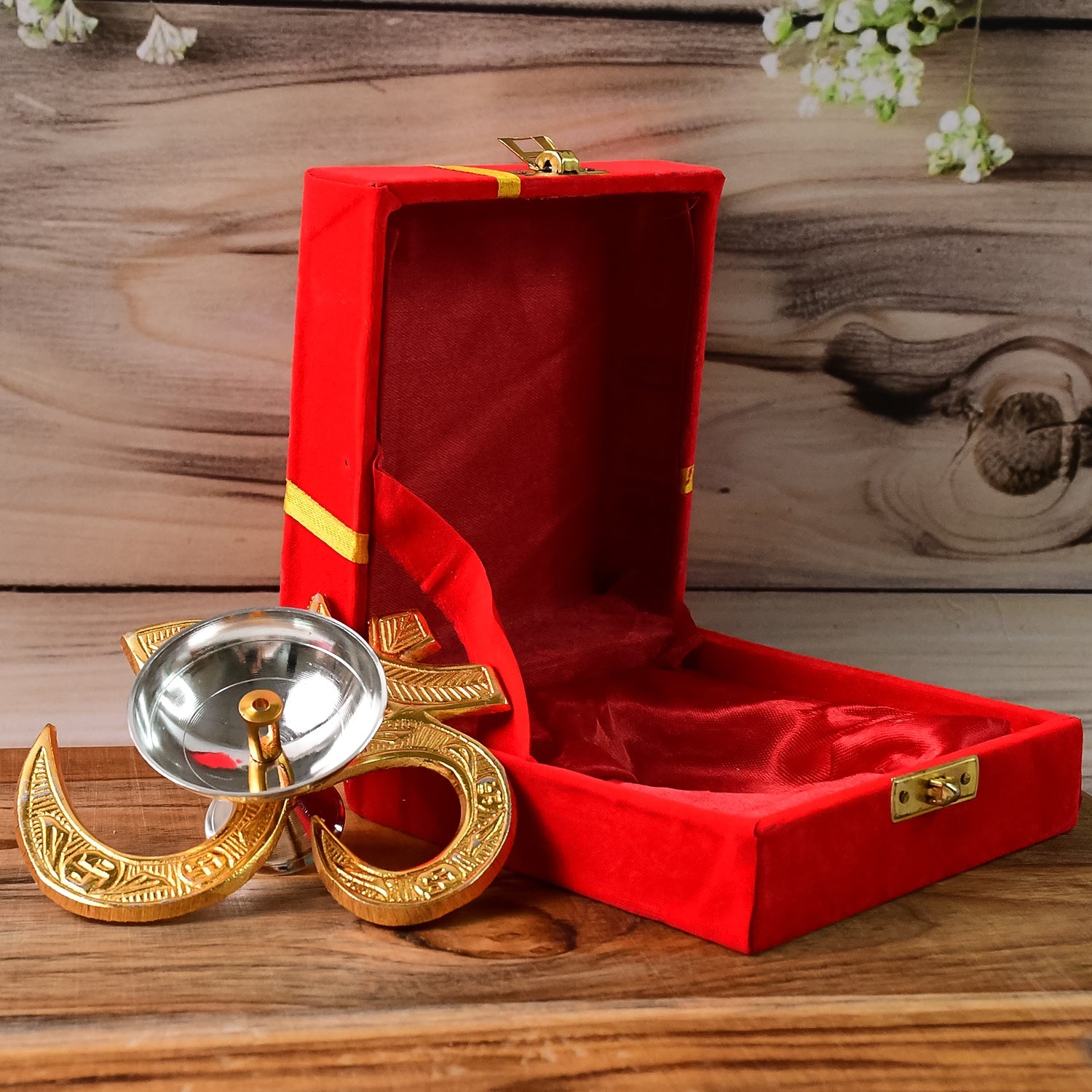 Decorative Om Symbol Brass Oil Diya with intricate carvings and swastik motifs