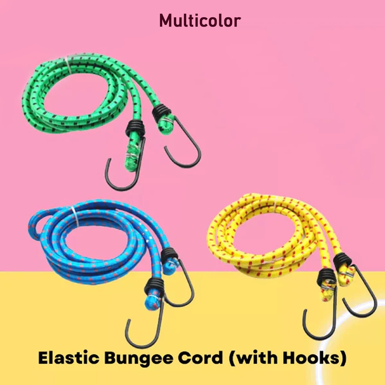 Multicolor bungee cord effectively tying down bulky luggage for travel.