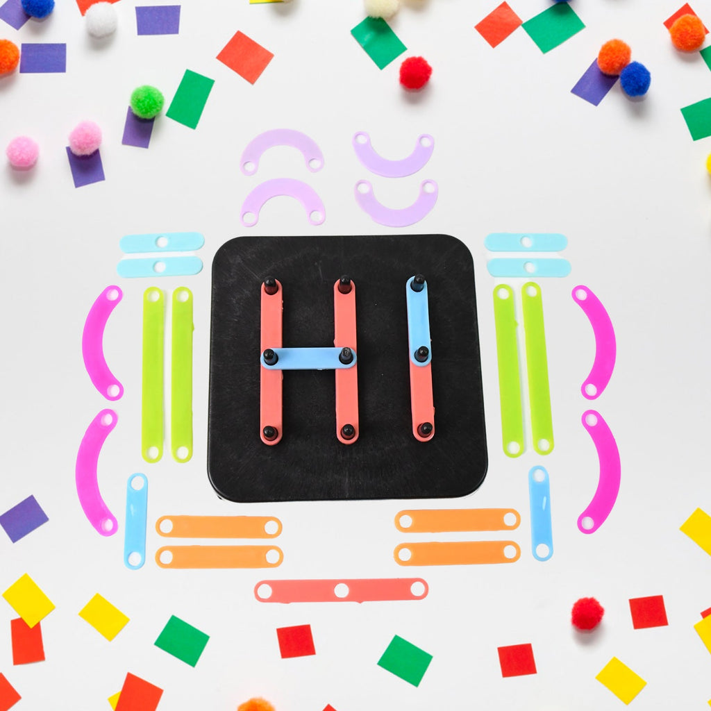 Assortment of colourful educational toy pieces for creative learning.