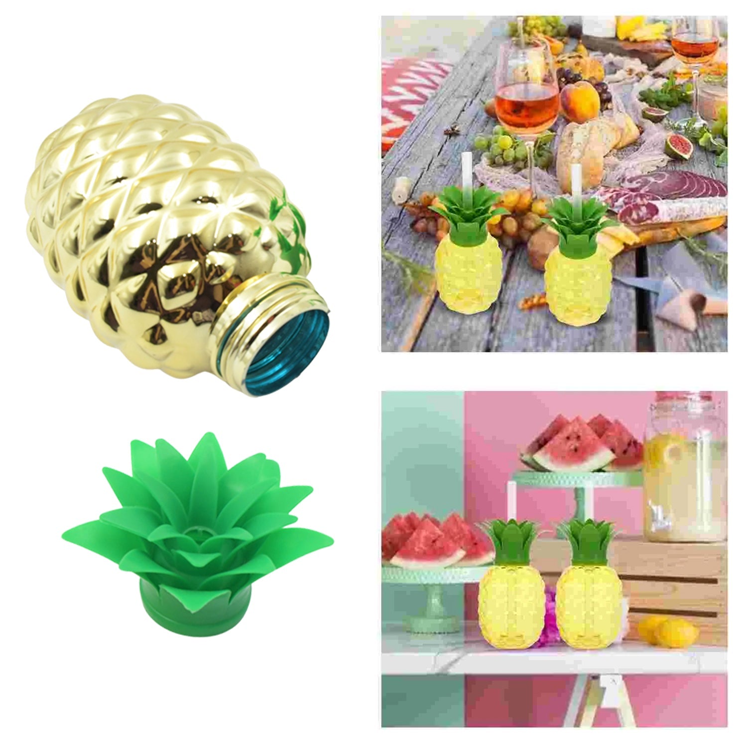 Decorative pineapple cup with straw amidst other colorful party decorations.