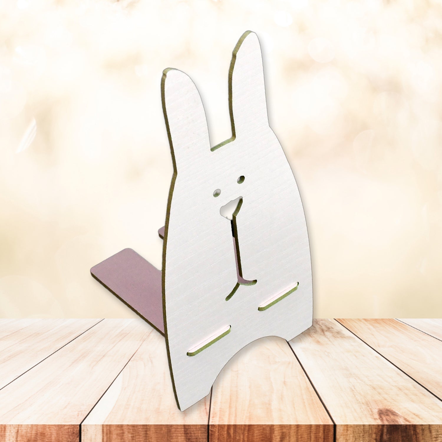 Another angle of the wooden rabbit mobile stand, highlighting its compact size.