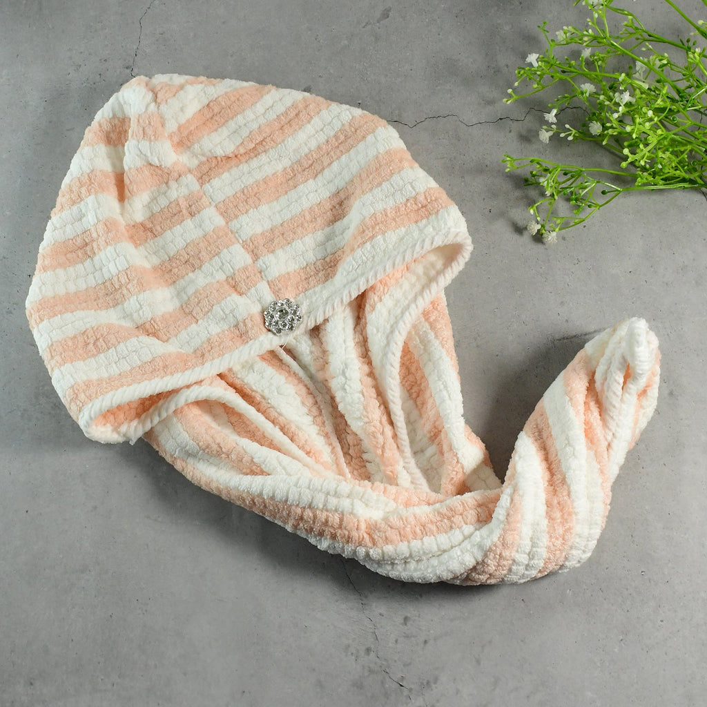 Hair drying towel wrap with loop and teddy bear button for secure fit