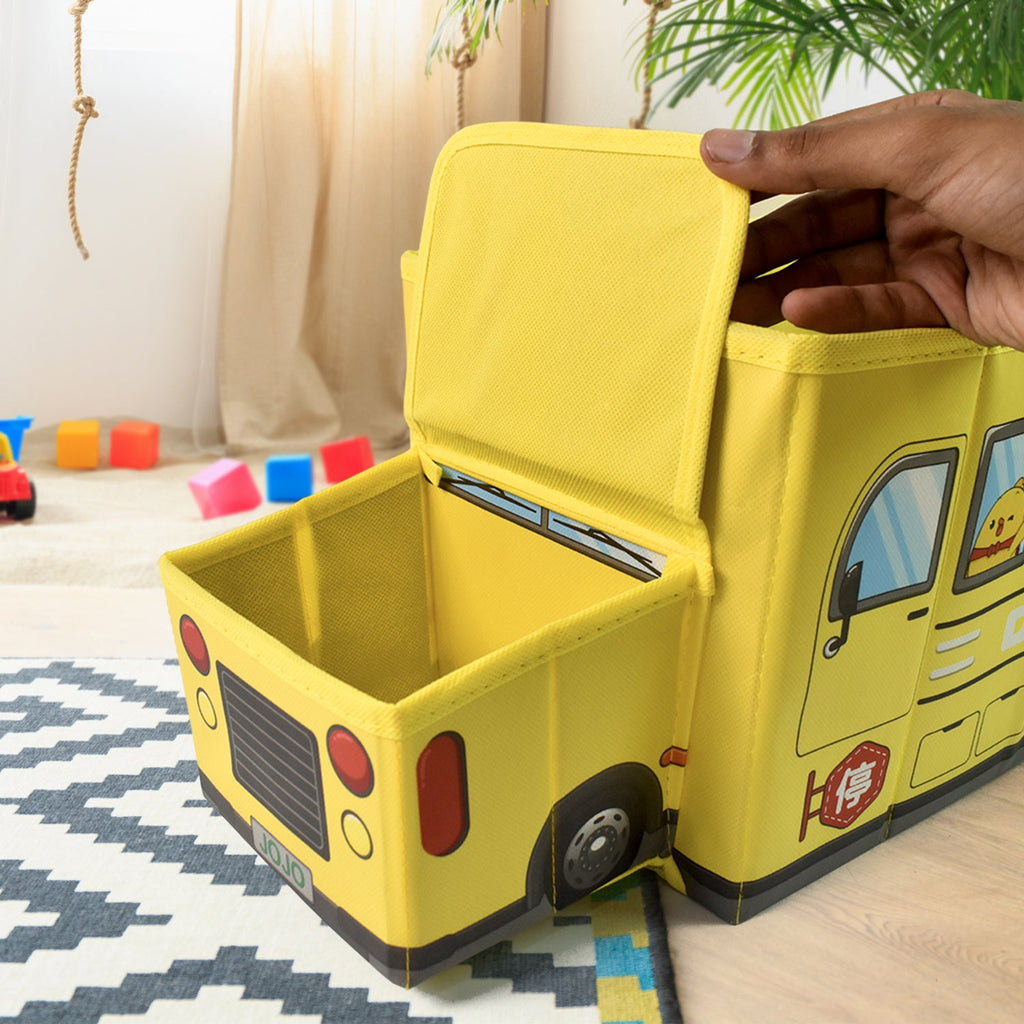Open School Bus Toy Storage Box filled with various colourful toys, ready for playtime.