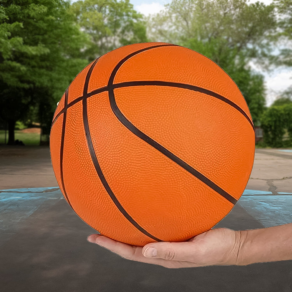Close-up of the durable pimpled rubber texture of the mini basketball.