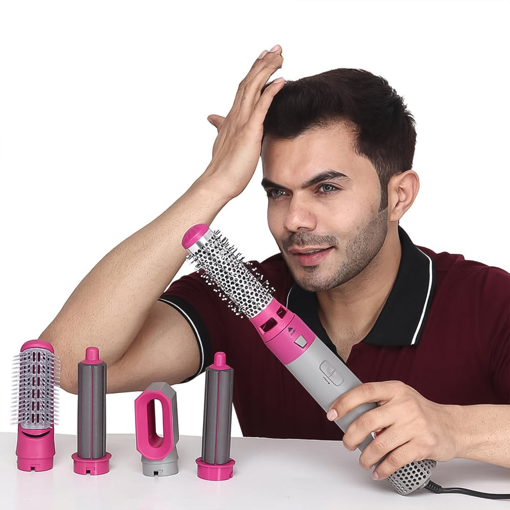 Set of 5 In 1 Hair Dryer Brush styling tool accessories displayed
