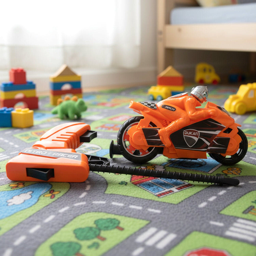 Red toy racing motorcycle with detailed rider figure for kids