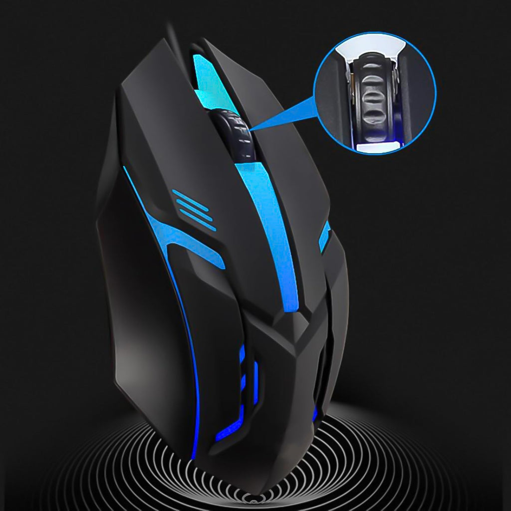 Close-up side profile of the wired optical mouse, emphasizing its comfortable grip.