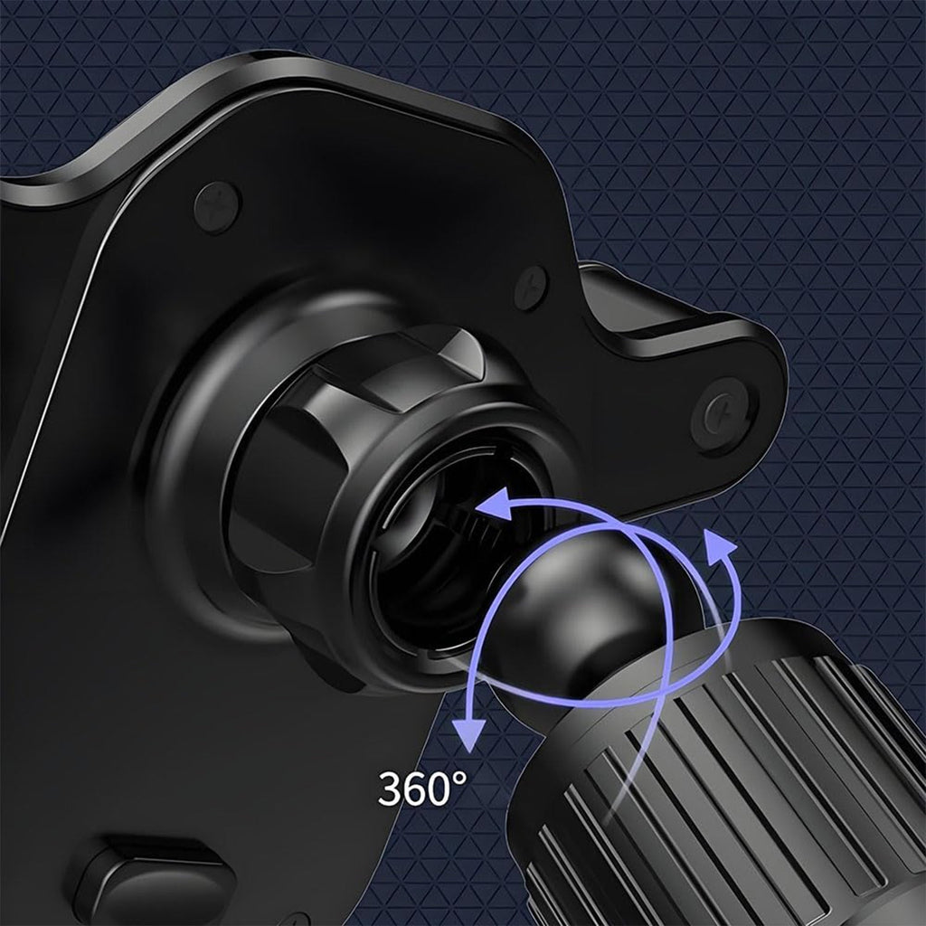 Side view of gravity-based auto-locking car mobile holder in black plastic
