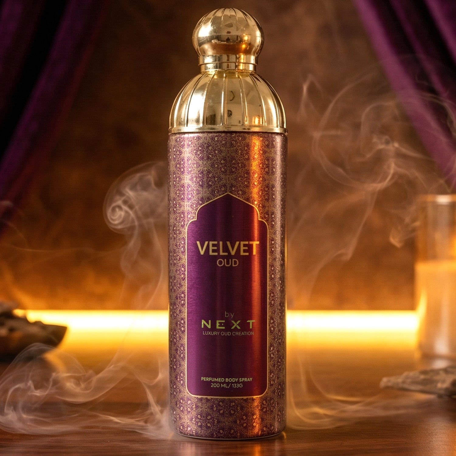 Premium fragrance body spray Next Velvet Oud in stylish bottle