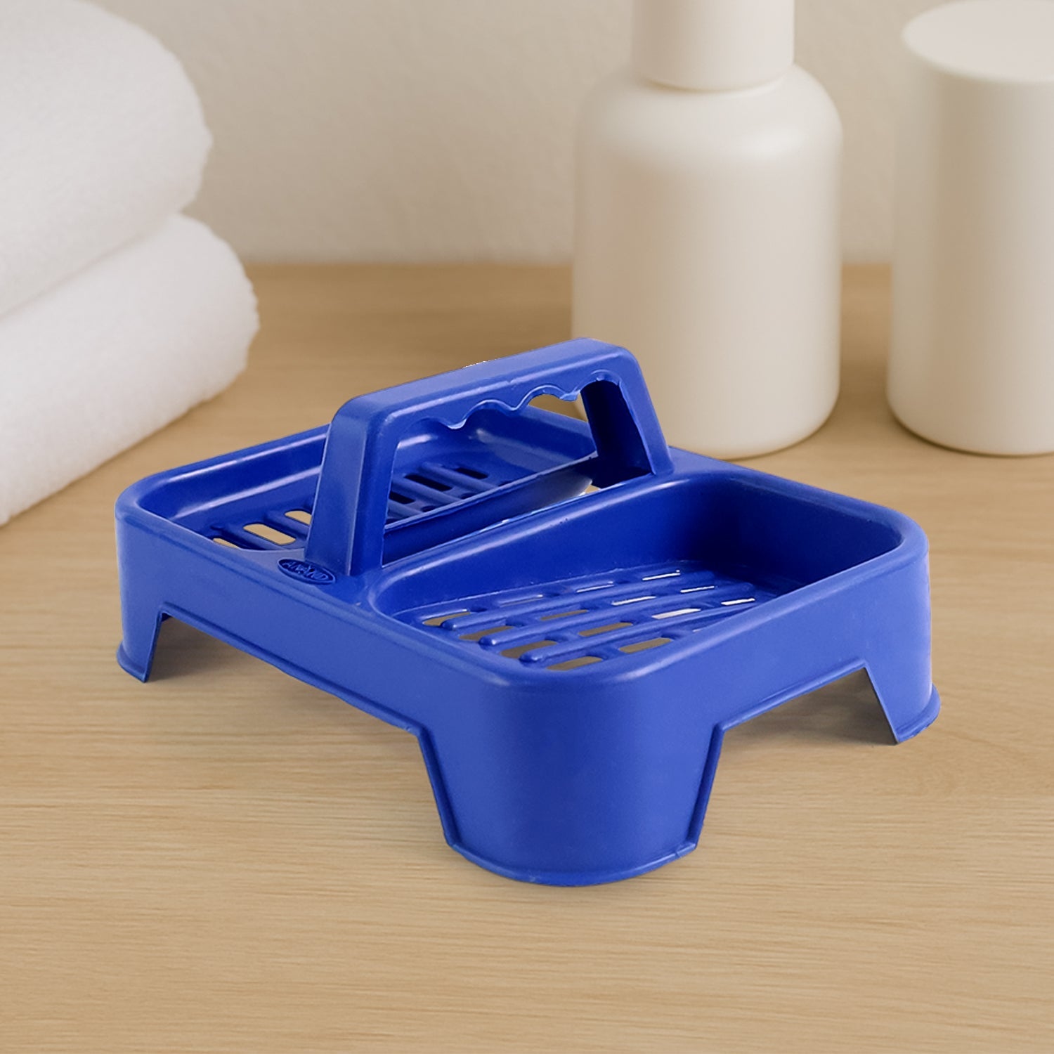Durable plastic soap dish stand featuring twin compartments.