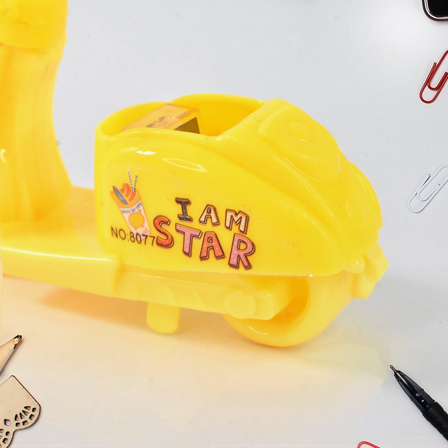 Bike shaped pencil sharpener showing pedal details and durable build