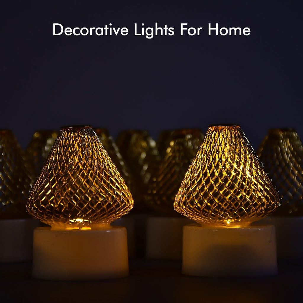 Pack of 12 LED flameless candle lights featuring elegant golden net cover design