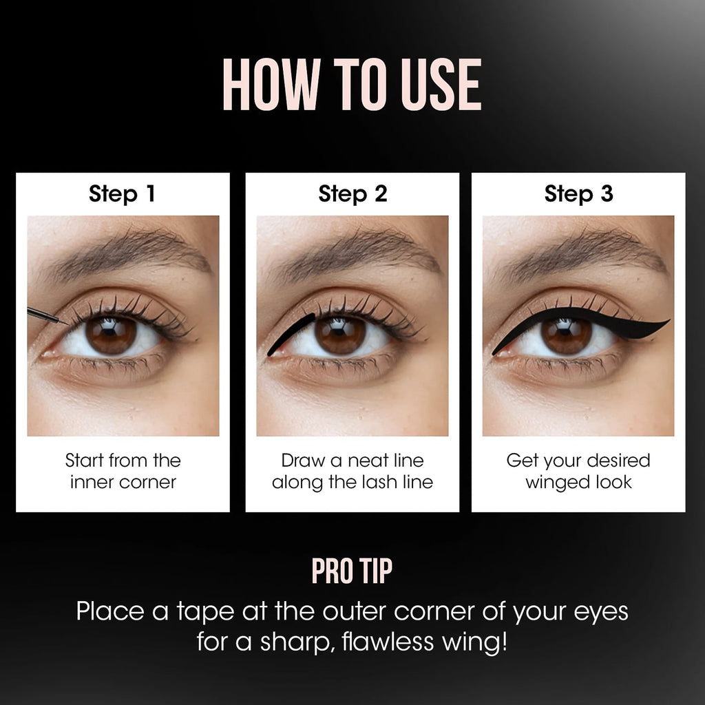 Intense black matte liquid eyeliner stroke made with precision brush