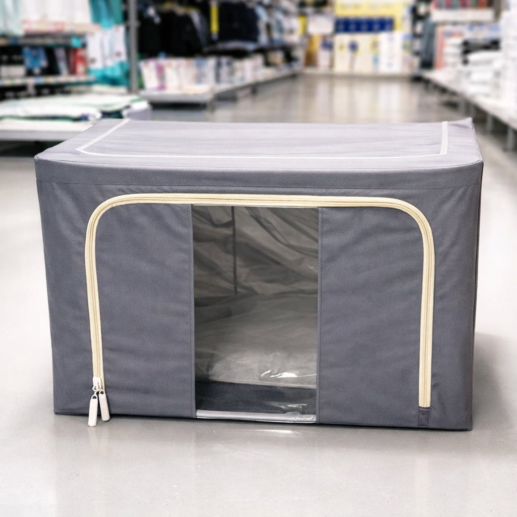 Multiple steel frame storage bags neatly stacked, showcasing efficient space-saving organization.