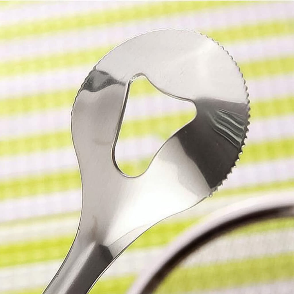 Angled view of the durable stainless steel frying filter spoon.