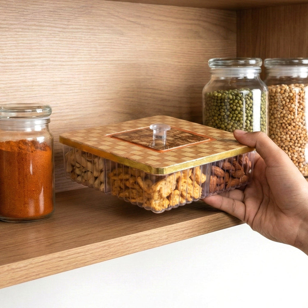 Side view of a compact plastic storage box with internal partitions