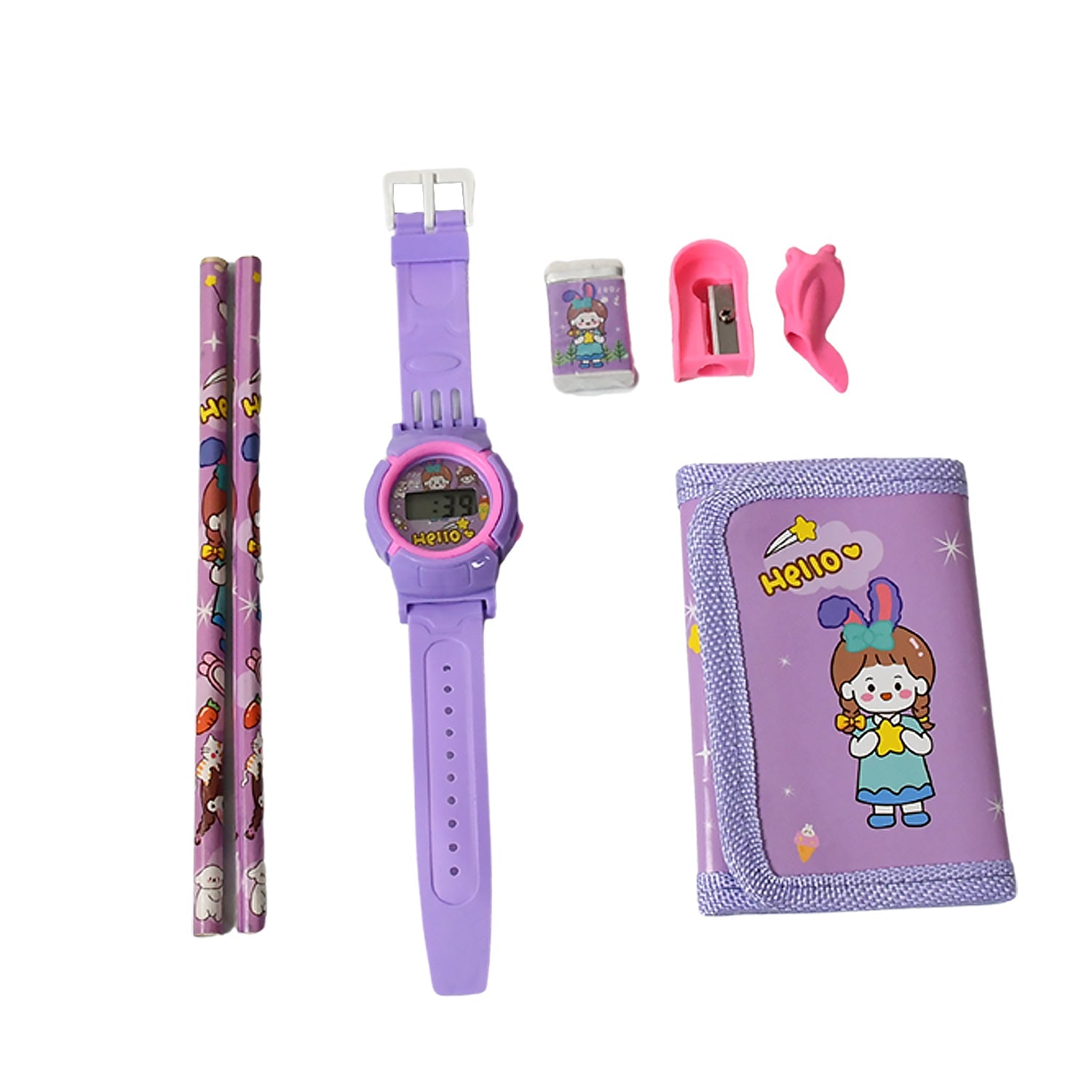 Small purse and pencil cap, useful accessories in this kids stationery set.