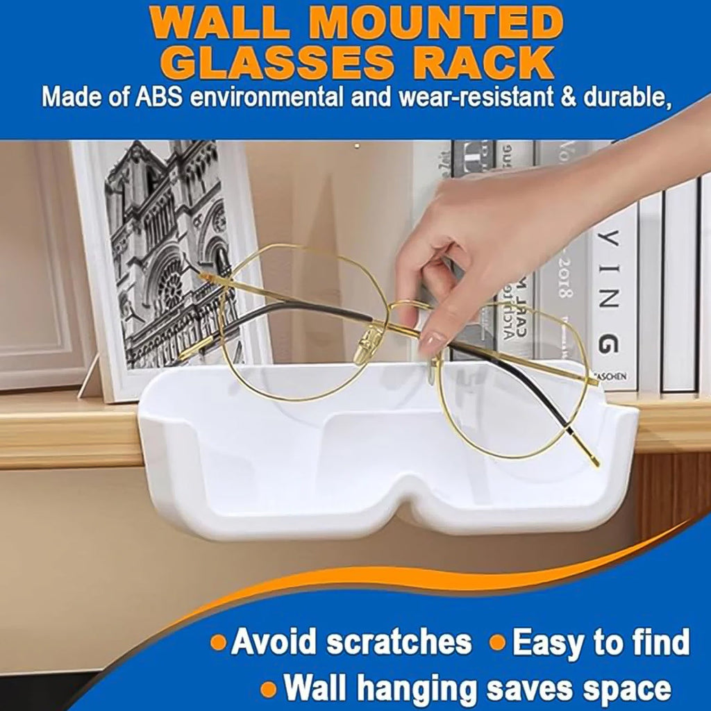 Bathroom wall featuring the adhesive sunglasses organizer, providing convenient access to eyewear.