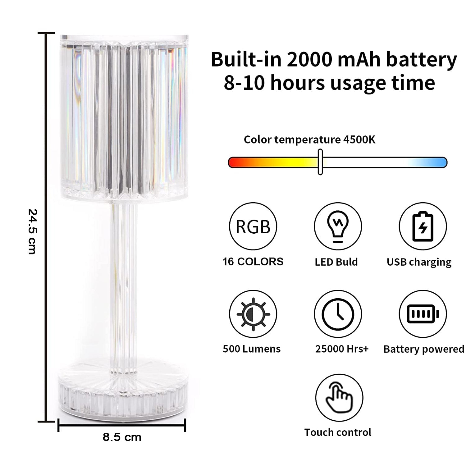 Versatile crystal table lamp offering multiple light colours and USB charging.