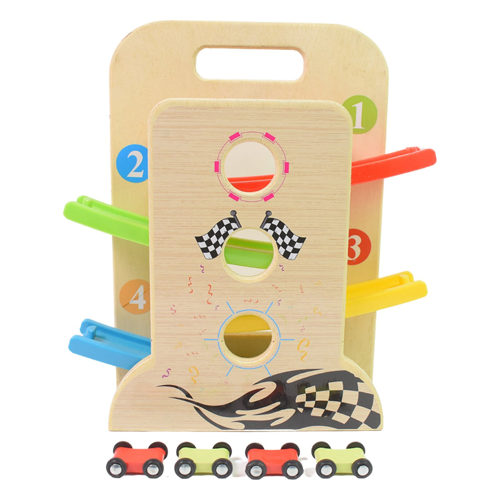 Child playing with the eco-friendly wooden ramp racer and its four mini cars.