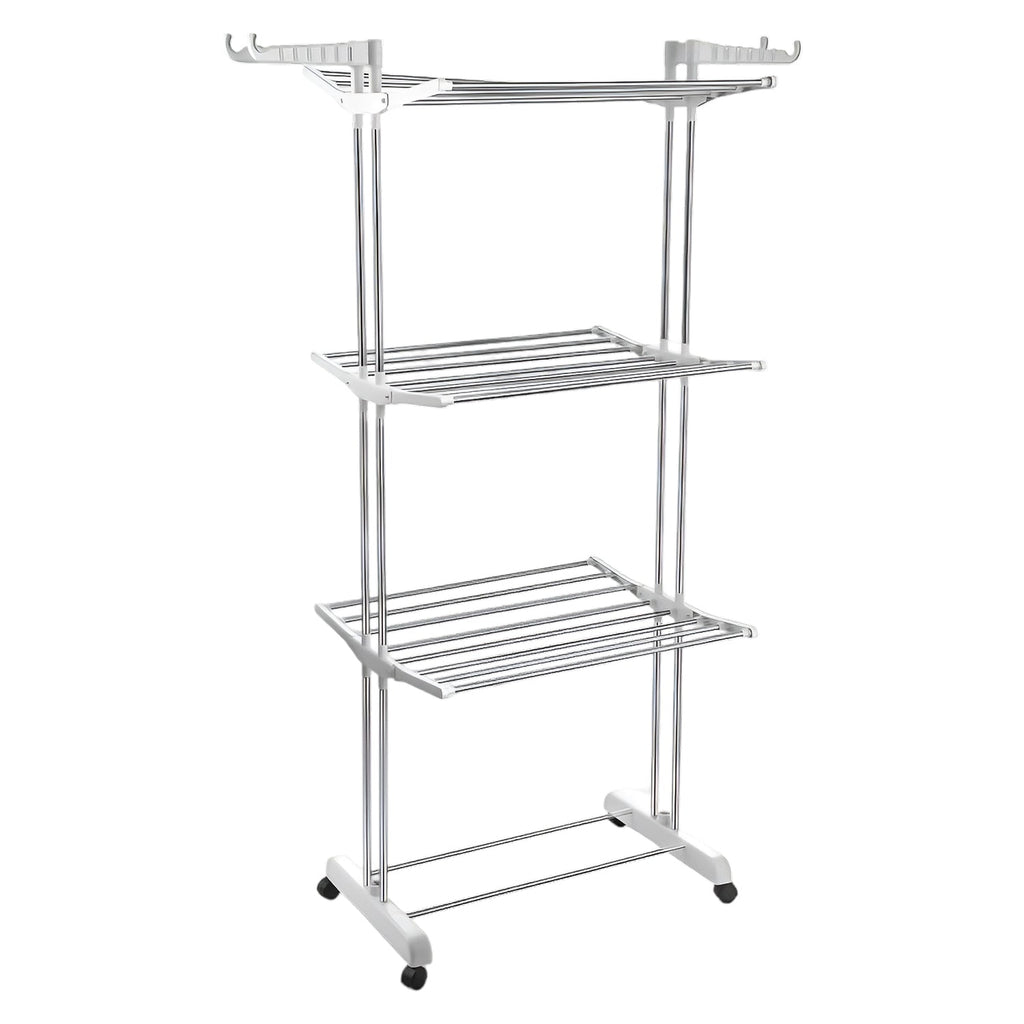 The 3-tier stainless steel drying rack with wheels, fully loaded with laundry.