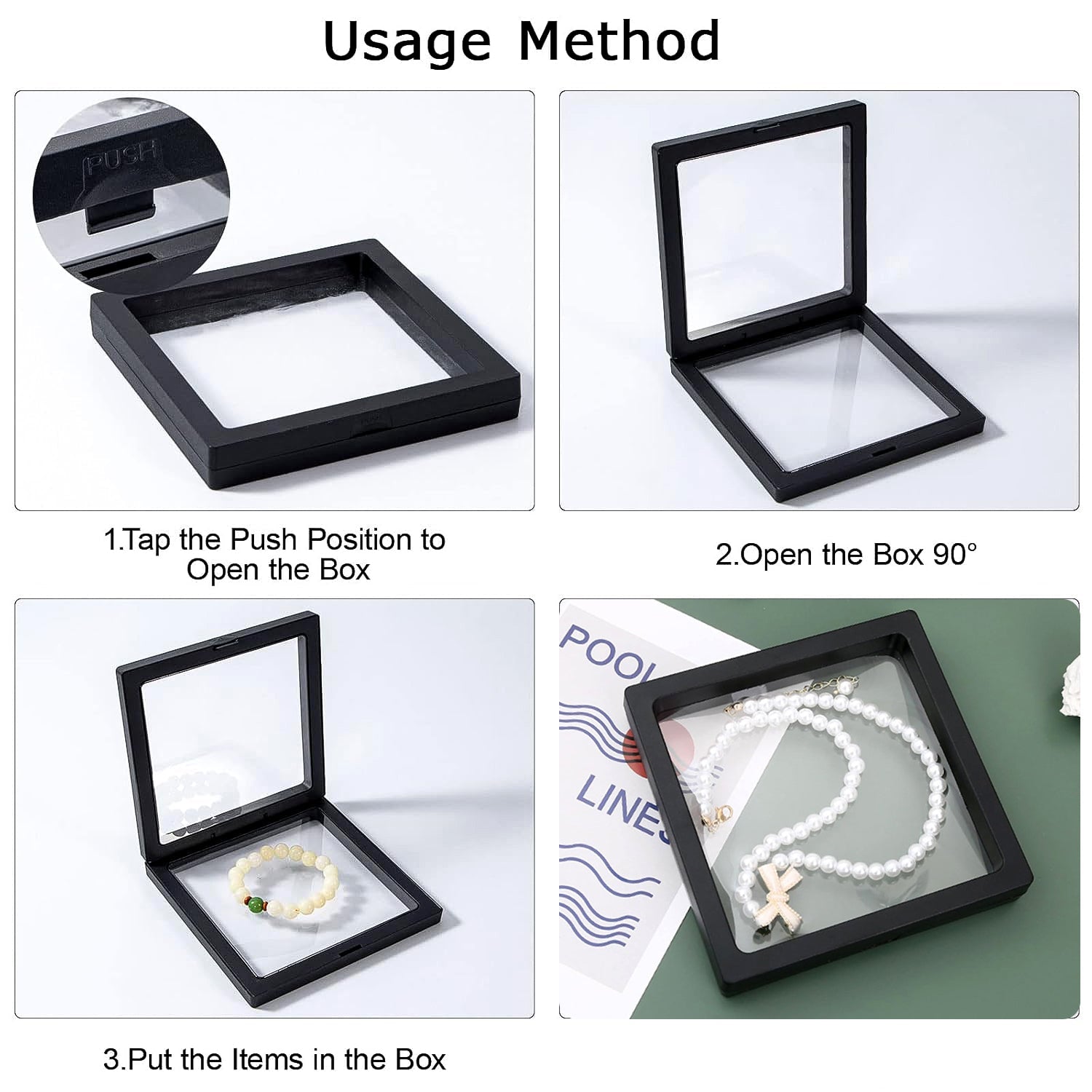Jewellery pieces beautifully displayed in transparent floating box