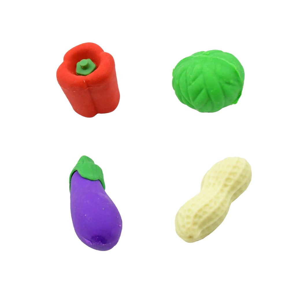 Close-up of assorted 3D fruit and vegetable erasers, perfect fun erasers for kids' school supplies.
