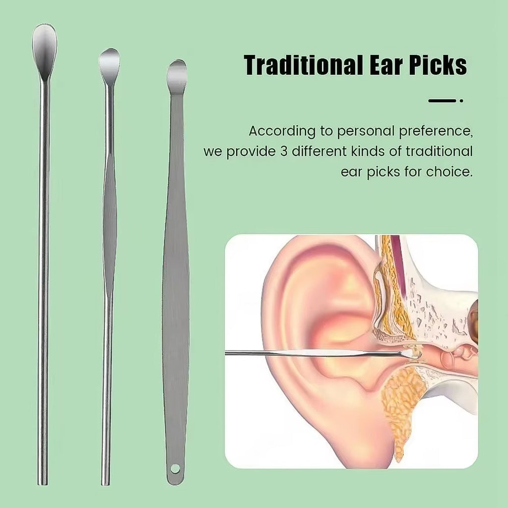All six stainless steel ear wax removal tools neatly arranged in their compact leather case.