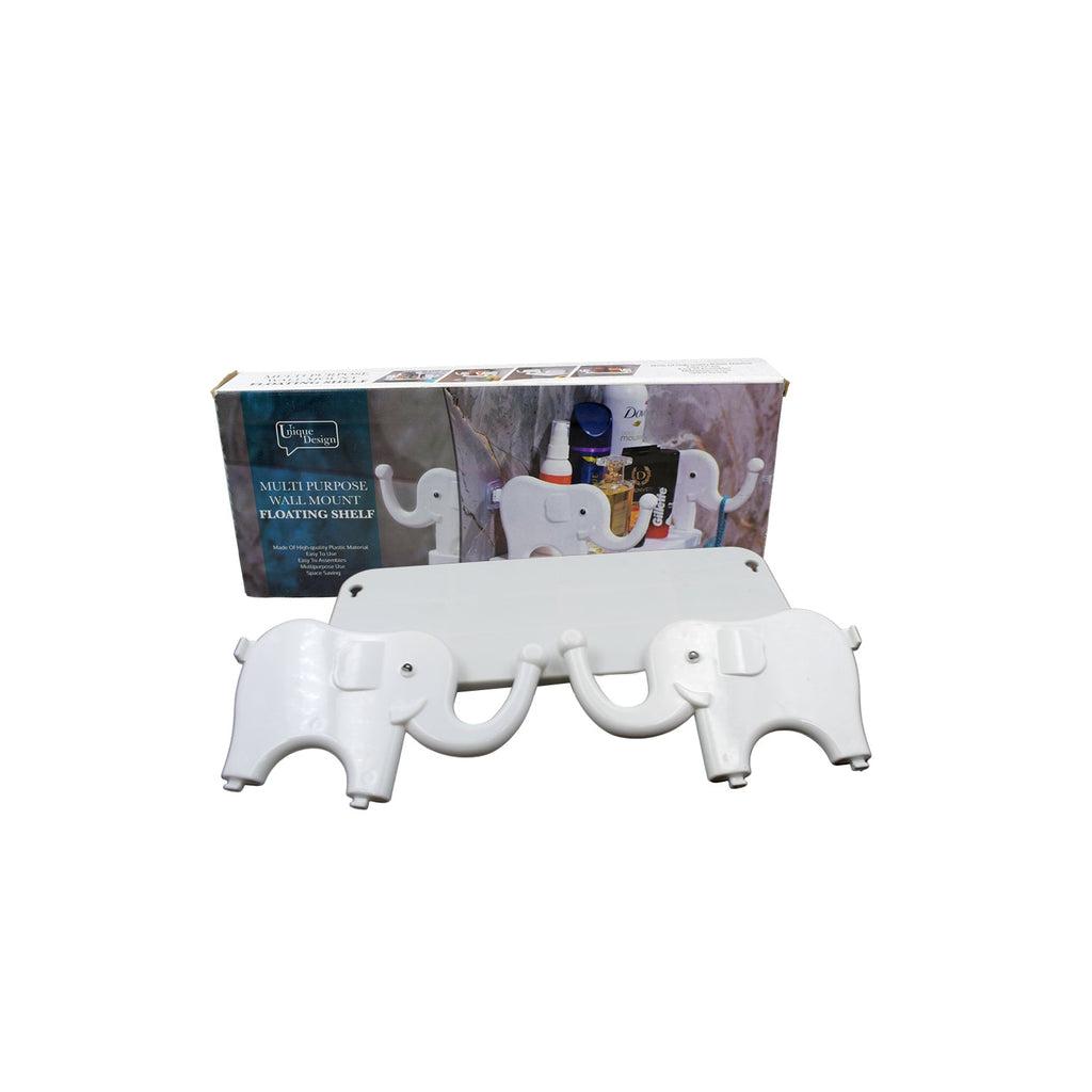 Creative elephant wall shelf securely mounted on a white wall.
