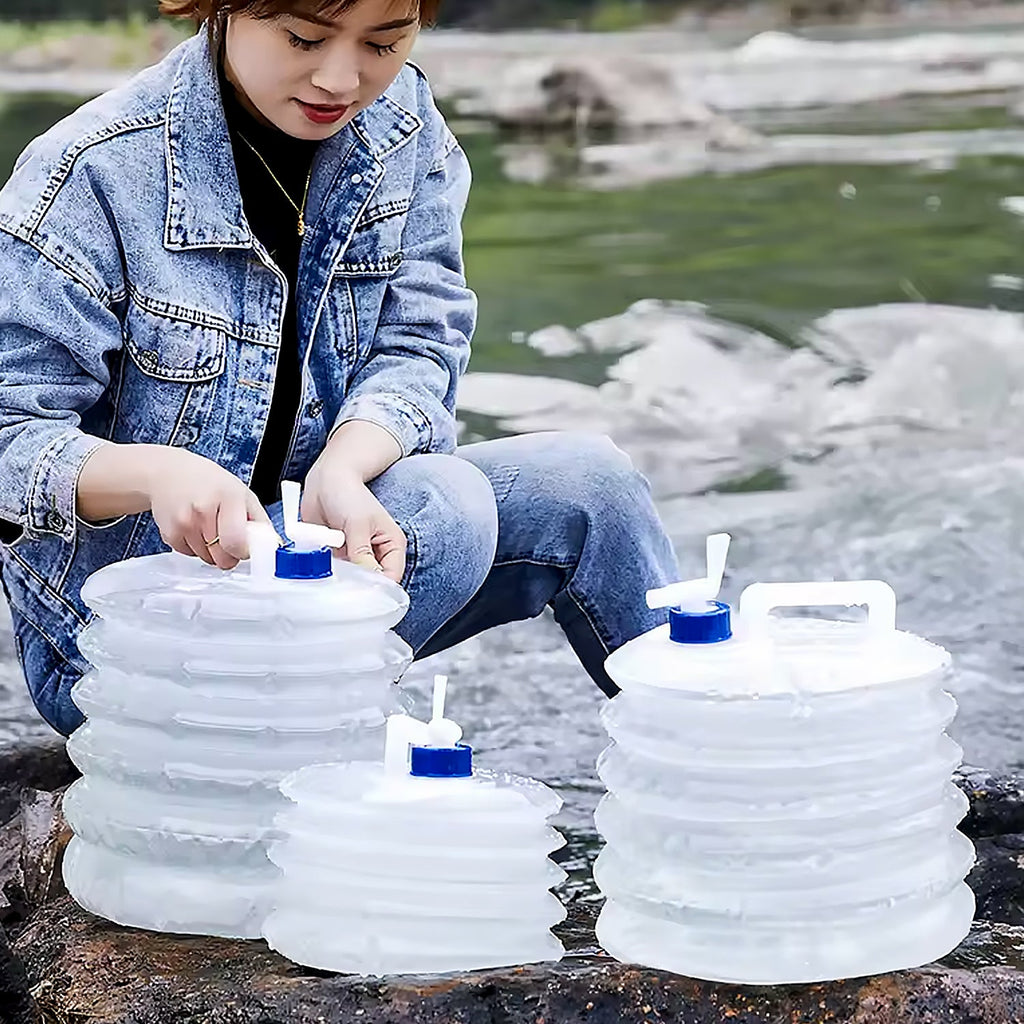 Collapsible water container shown with its secure lid and integrated tap valve.