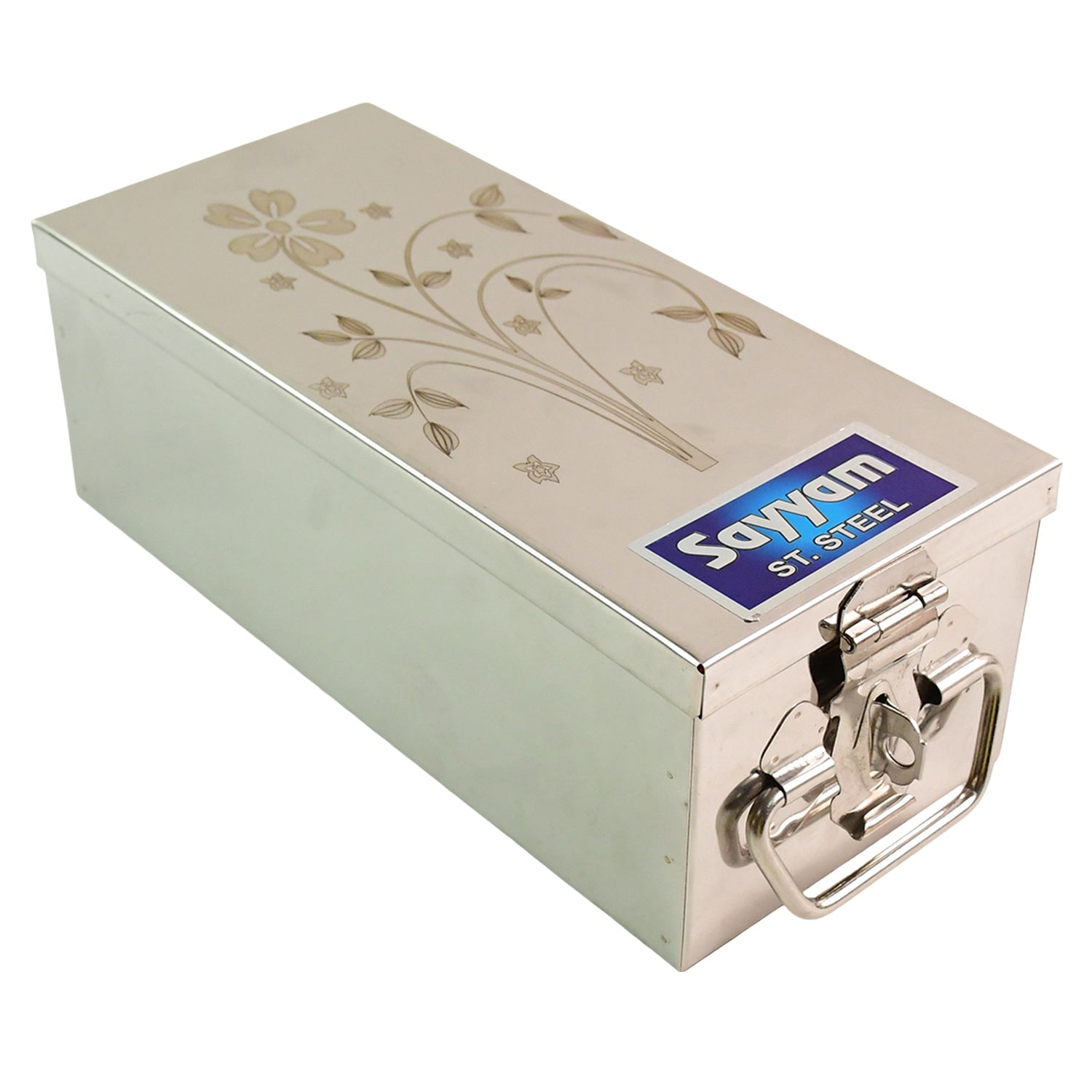 Closed view of the polished stainless steel Jewellery Storage Box, ready for secure transport or display.