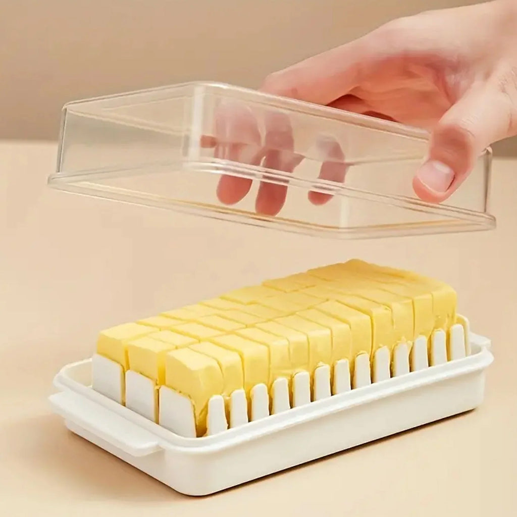 Front view of the transparent Butter Slicer Box by Organivo, ready for use.