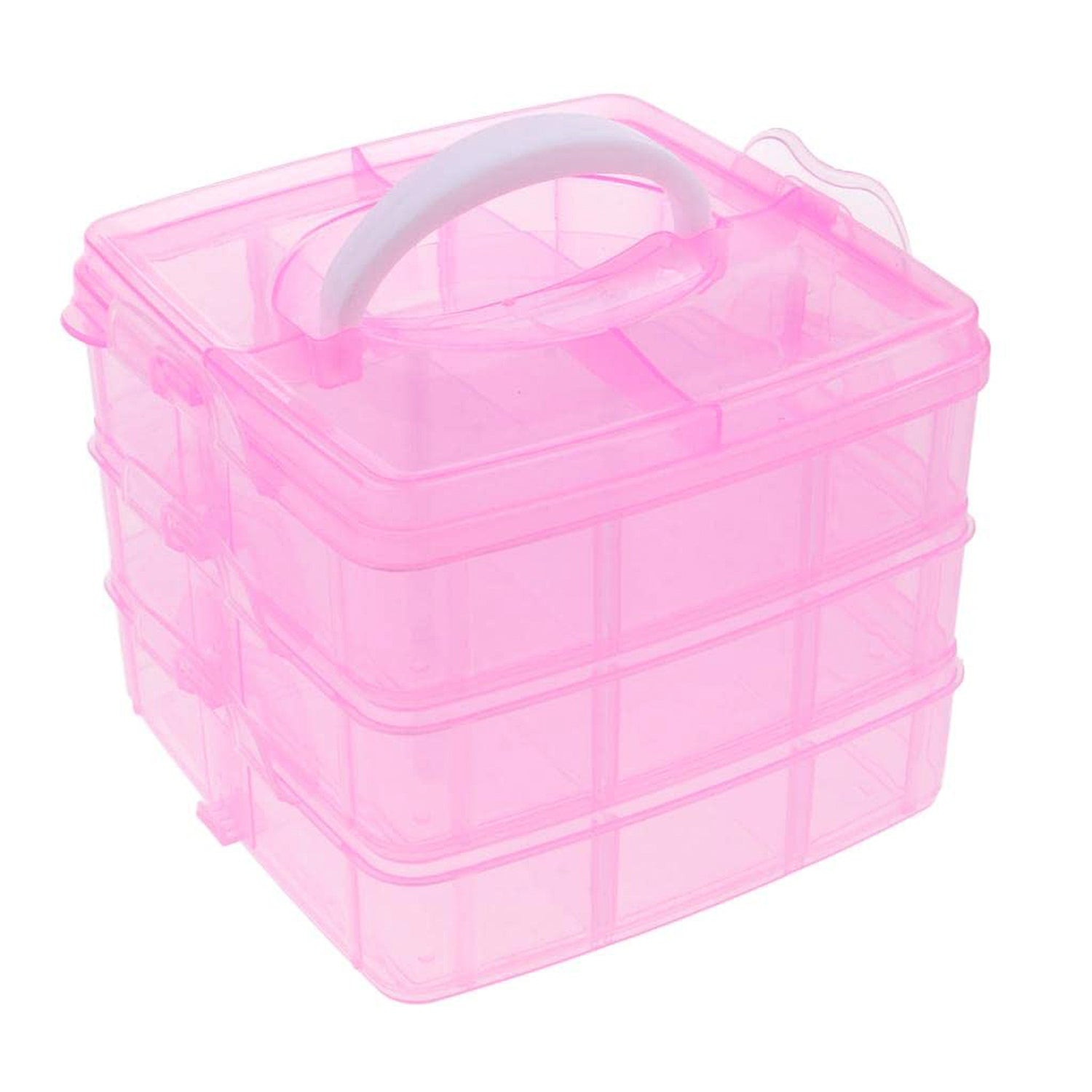 Portable 3-layer plastic storage box with a sturdy carrying handle.