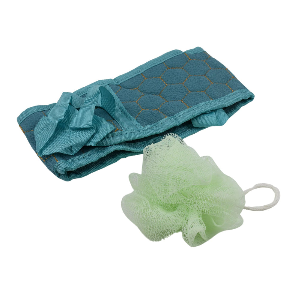 The complete Bath Scrubber Set laid out, showcasing the textures of the loofah and brush.
