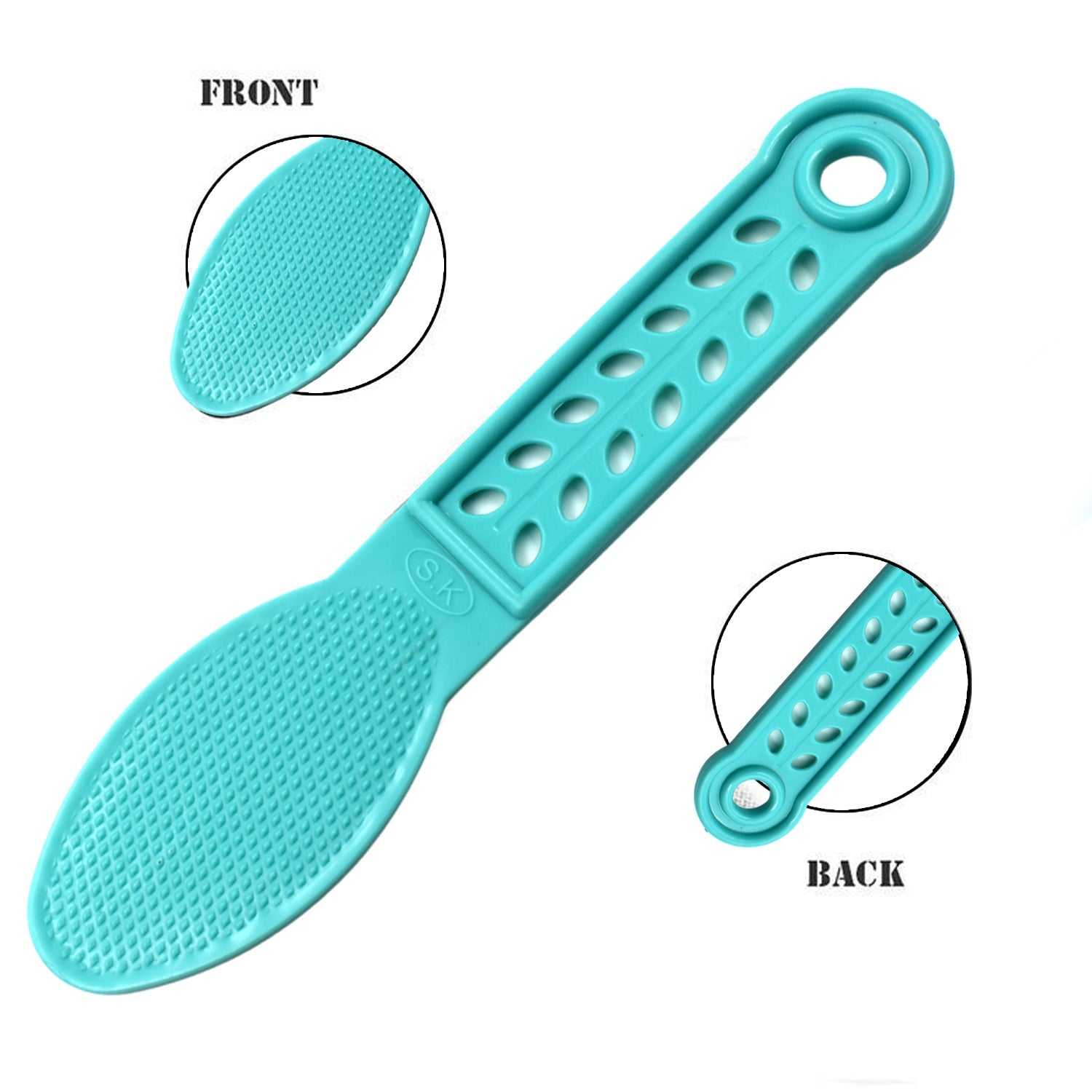 Detailed view of the plastic foot scrubber's abrasive side, designed for smooth feet.