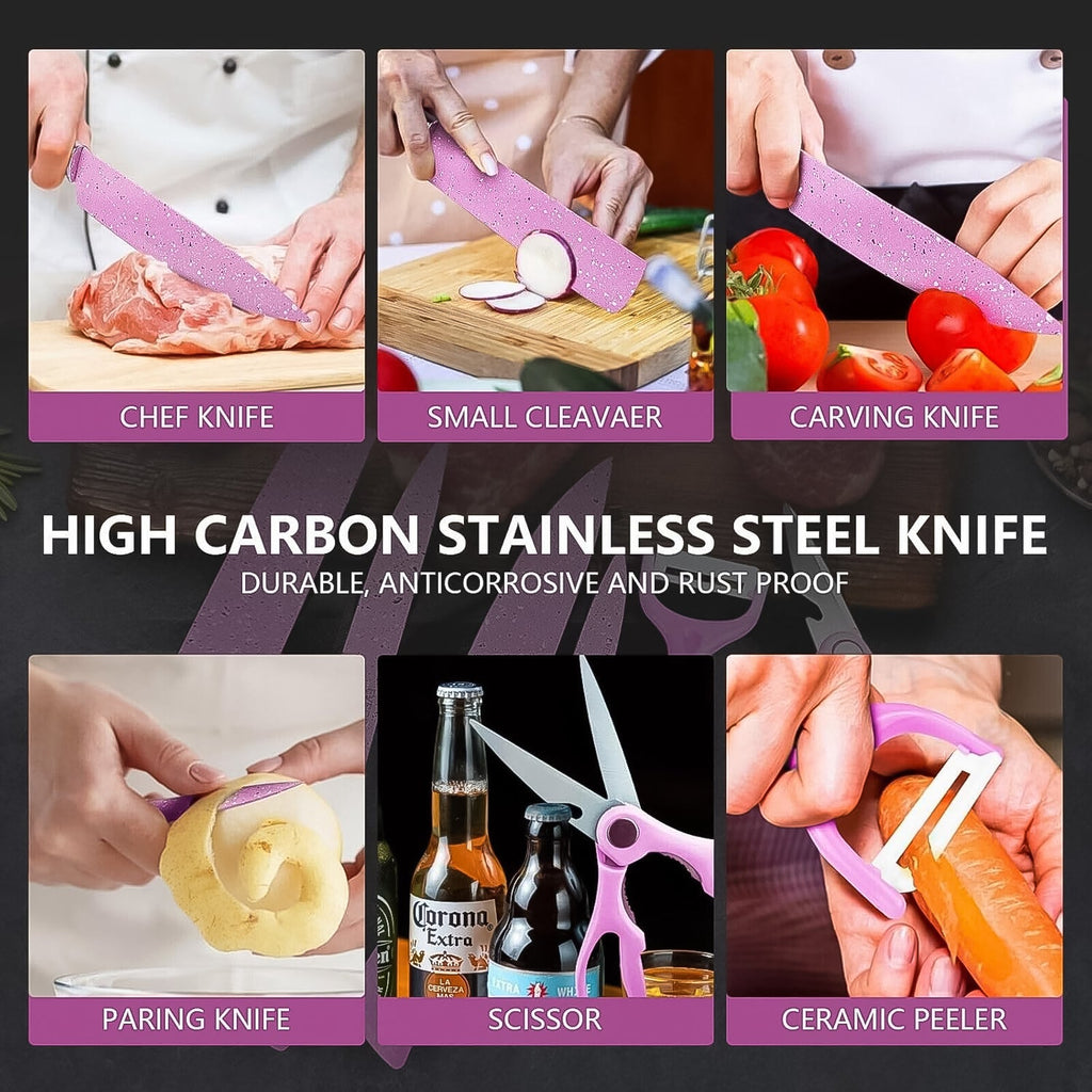 Complete 6 Pcs Chef Knife Set including a peeler and scissors for versatile use.