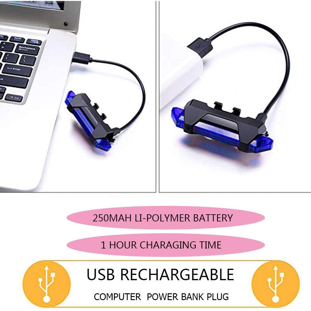 Diagram illustrating the USB charging port and waterproof seal of the blue bicycle front light.