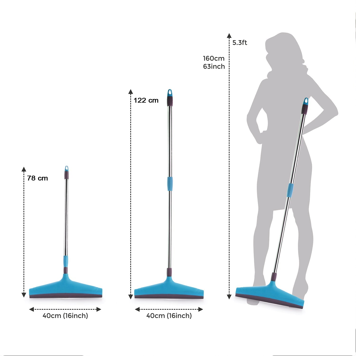 Adjustable floor wiper extended for reaching wide areas with ease.