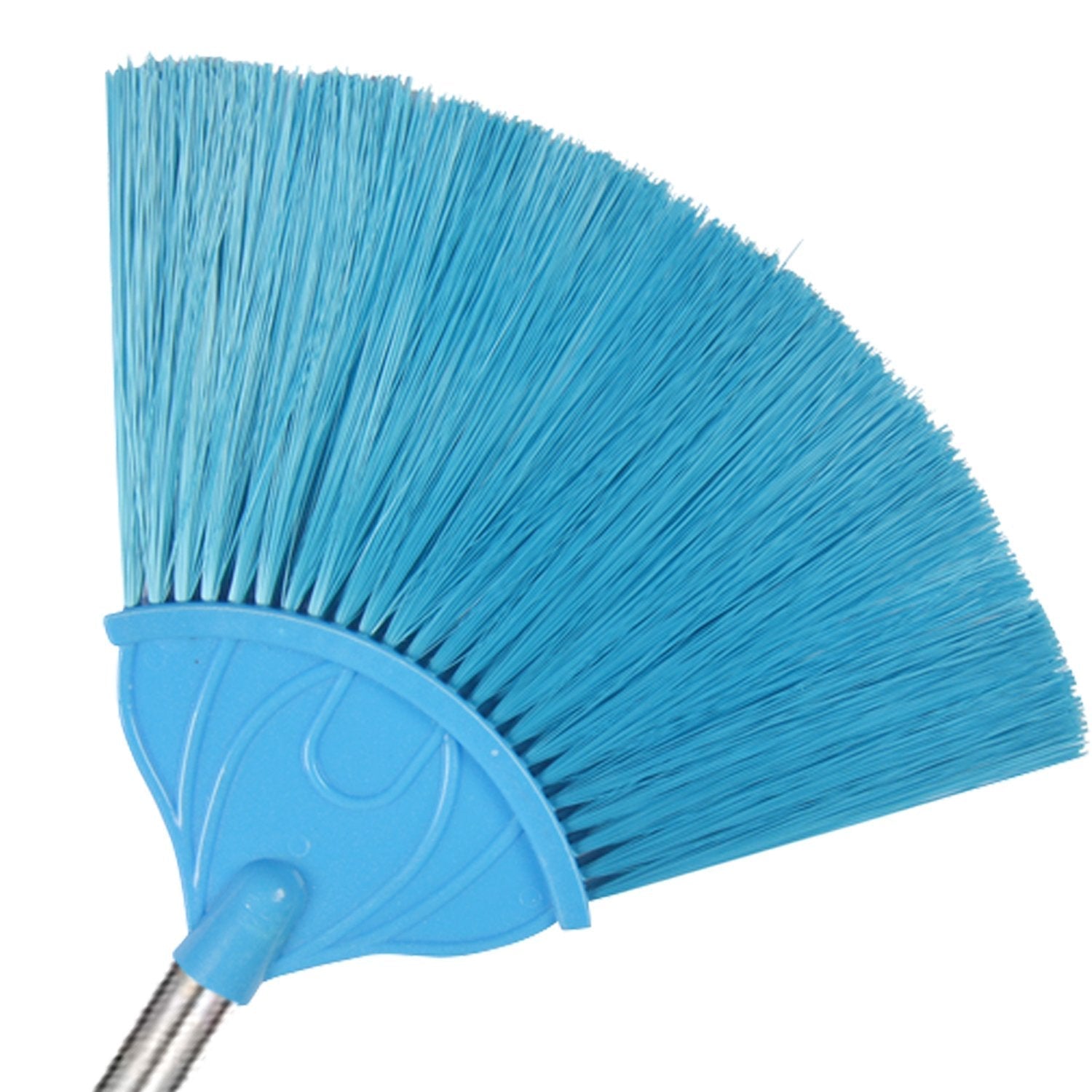 Long handle broom with extendable rod leaning against a clean white wall.