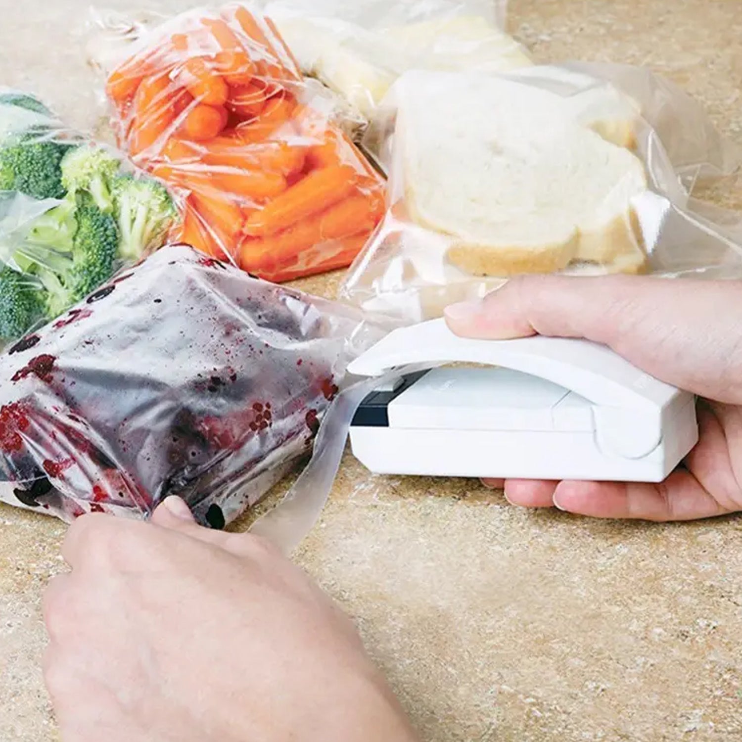 Portable plastic bag sealing machine, ideal for keeping kitchen items fresh.