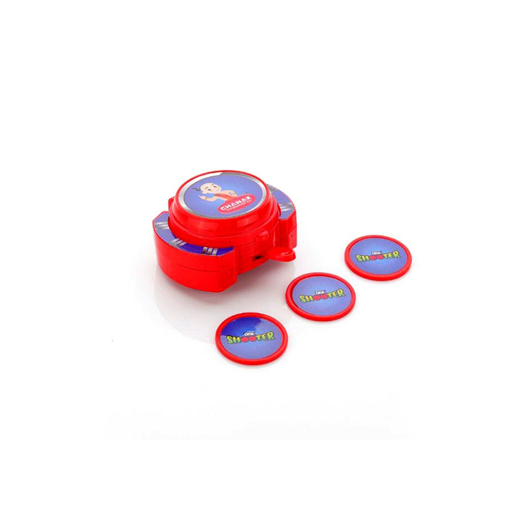 Kids hand disk shooter toy worn on a hand, ready for launching discs.