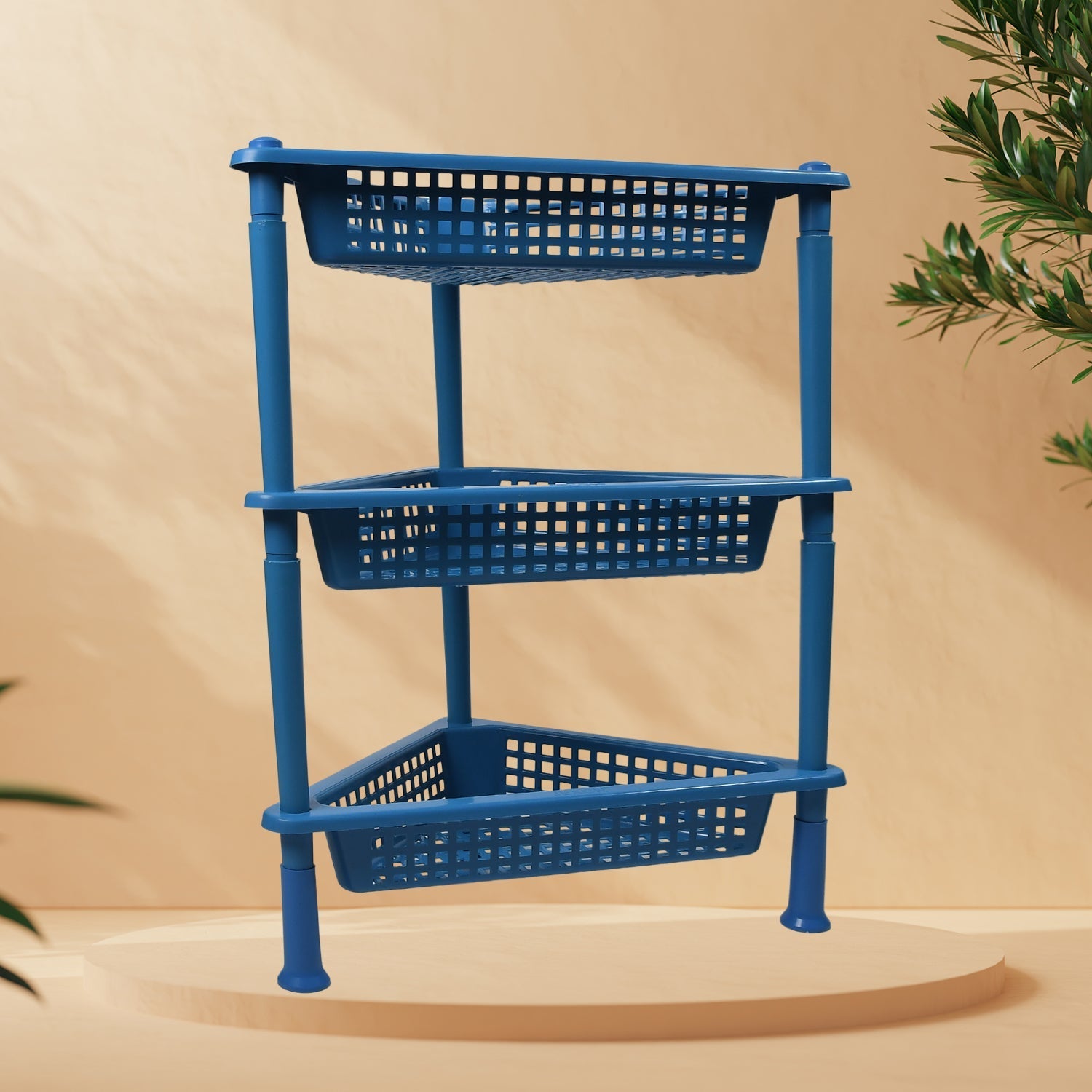Side view of the space-saving triangular 3-tier plastic storage rack.