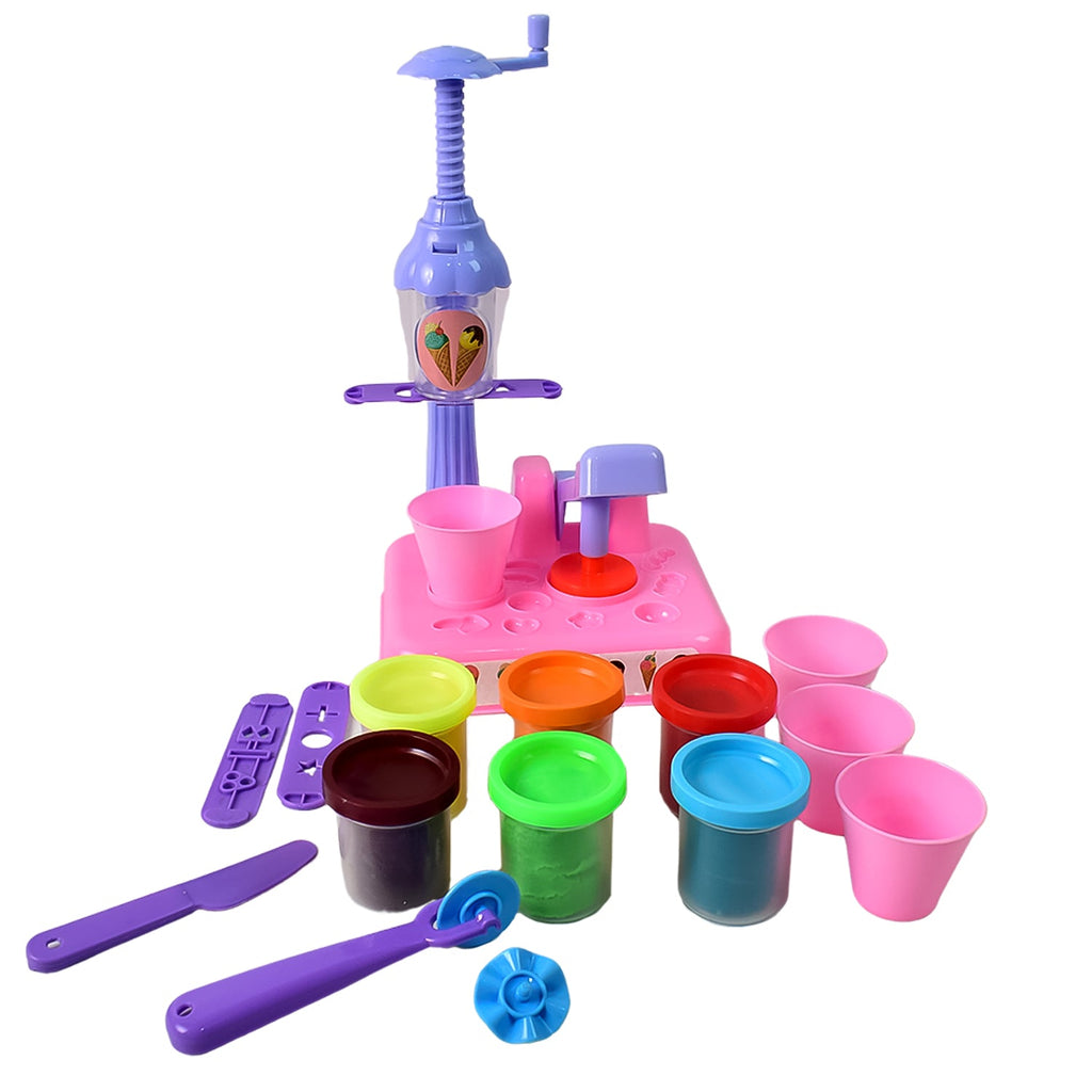 A child operating the ice cream maker machine from the Play Dough Set.