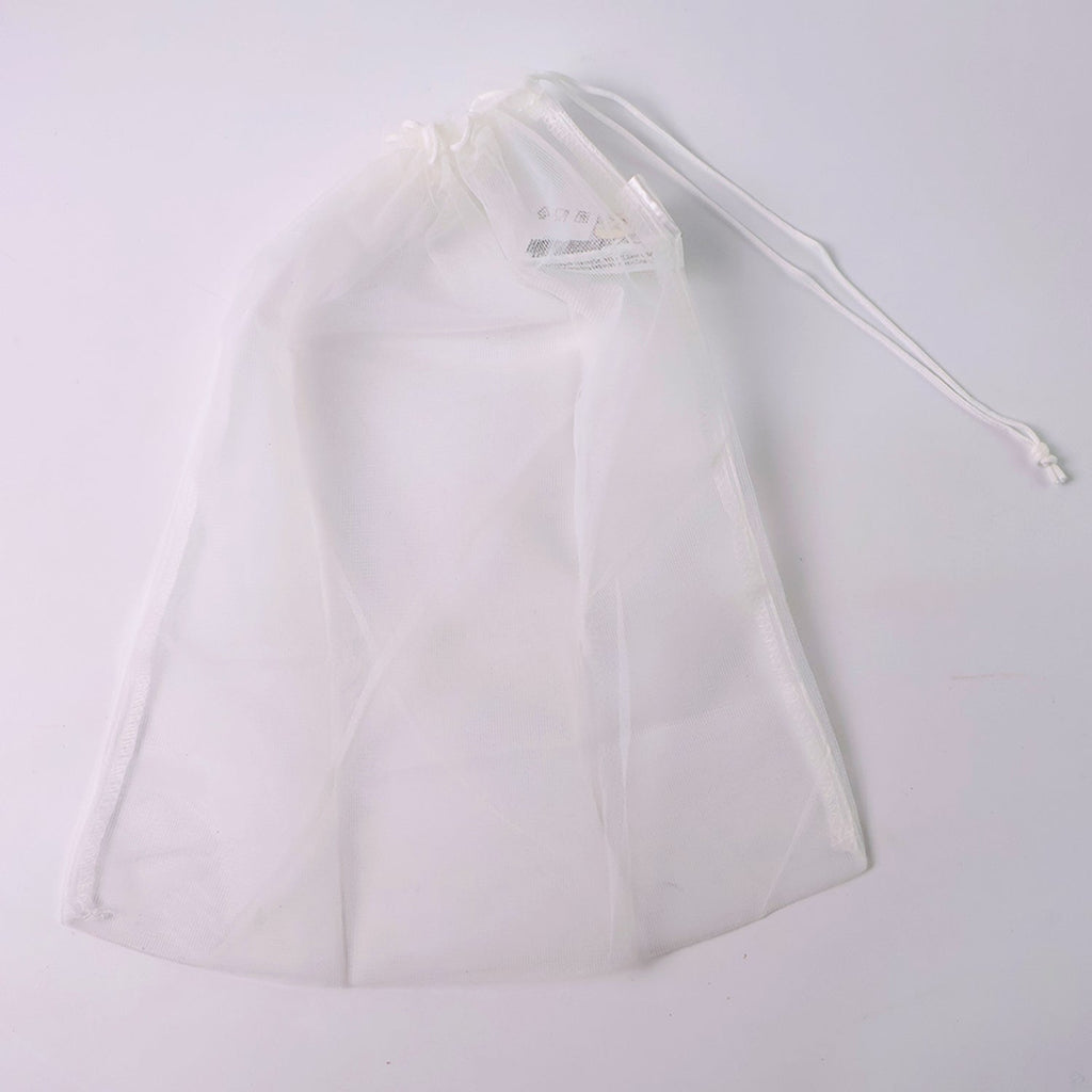 Reusable mesh storage bag showing detailed drawstring mechanism