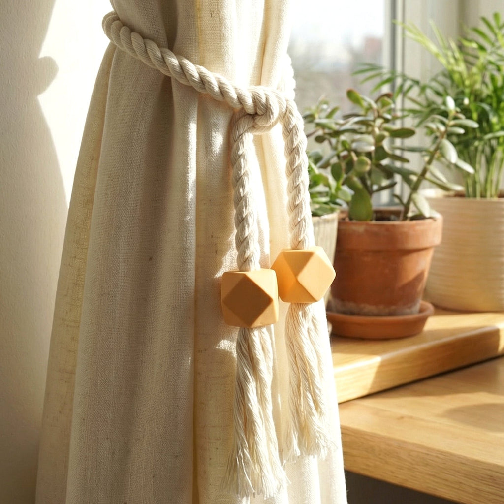 Reusable magnetic curtain accessory holding drapes neatly in place.