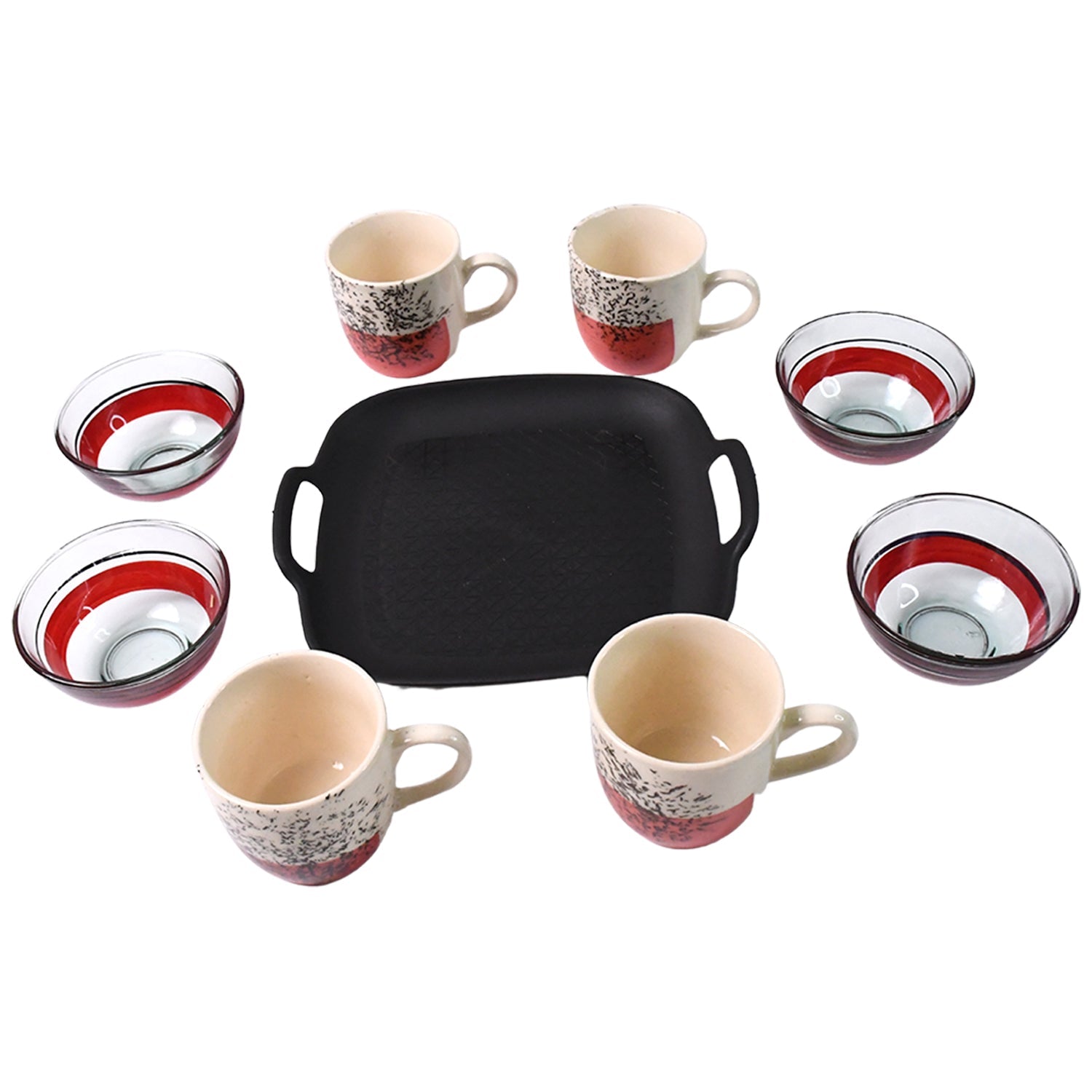 Full set of ceramic cups, glass bowls, and plastic serving plate