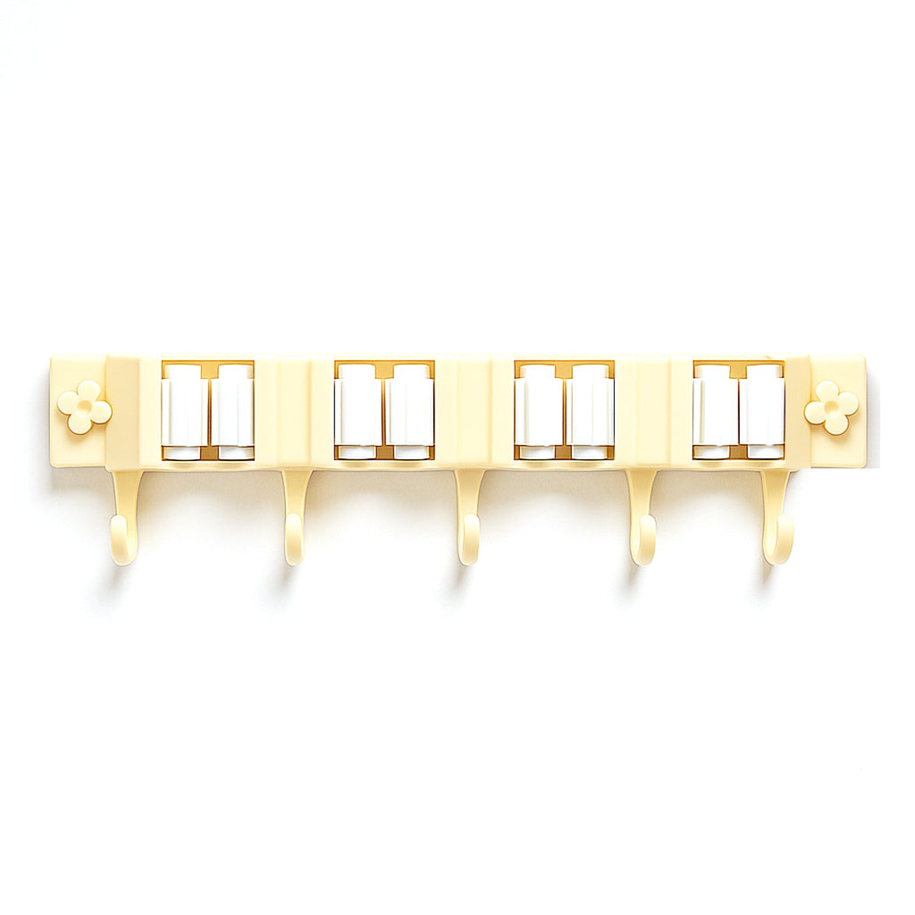 Wall-mounted tool organizer rack holding brooms and mops securely