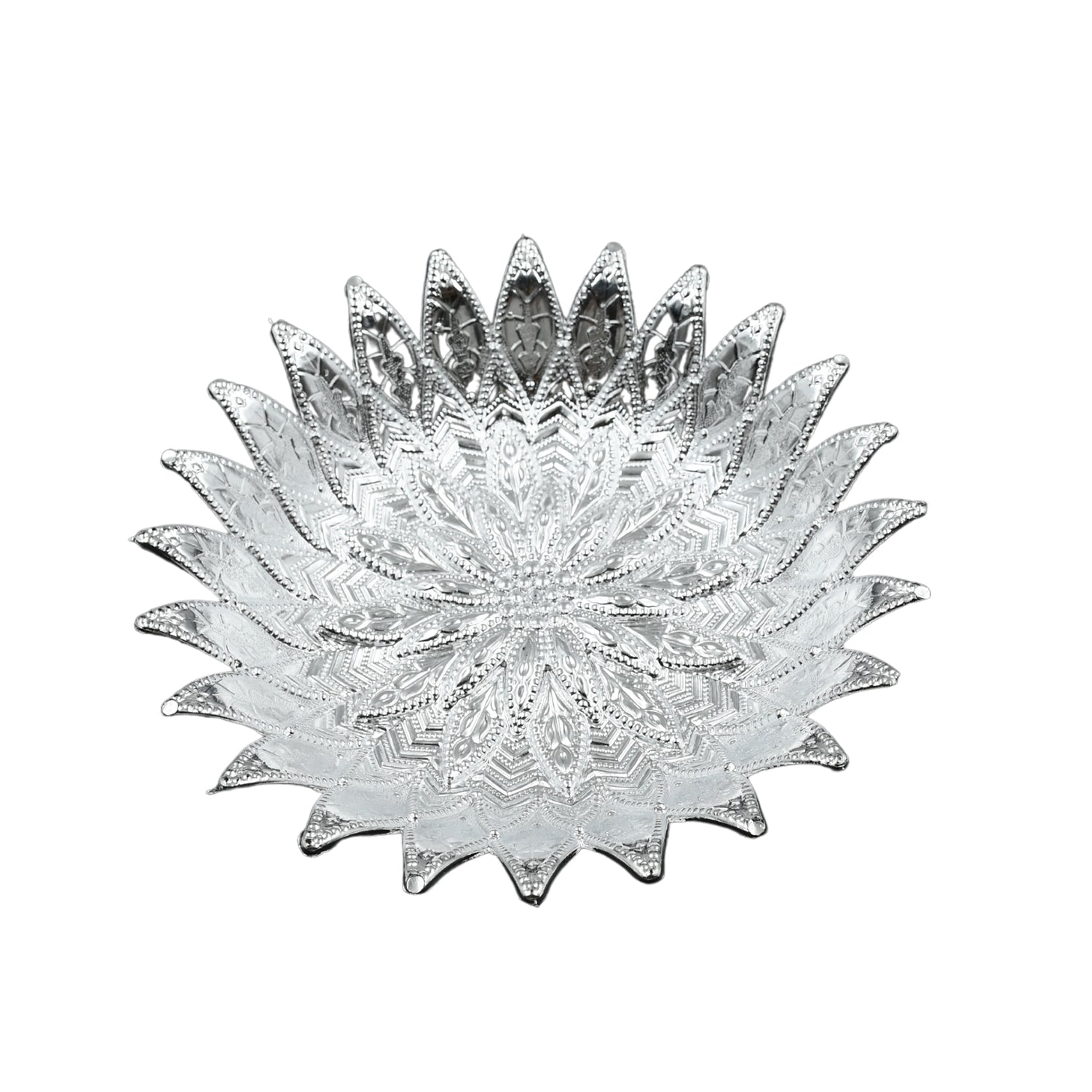 Elegant plastic serving tray with a silver finish, viewed from a top angle on a table.