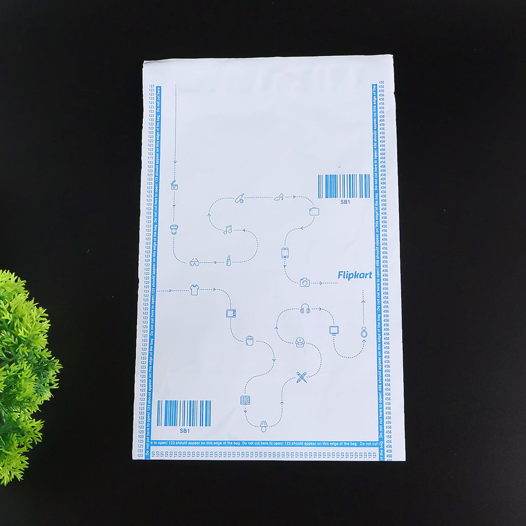 Stacked Flipkart branded security courier bags for packaging
